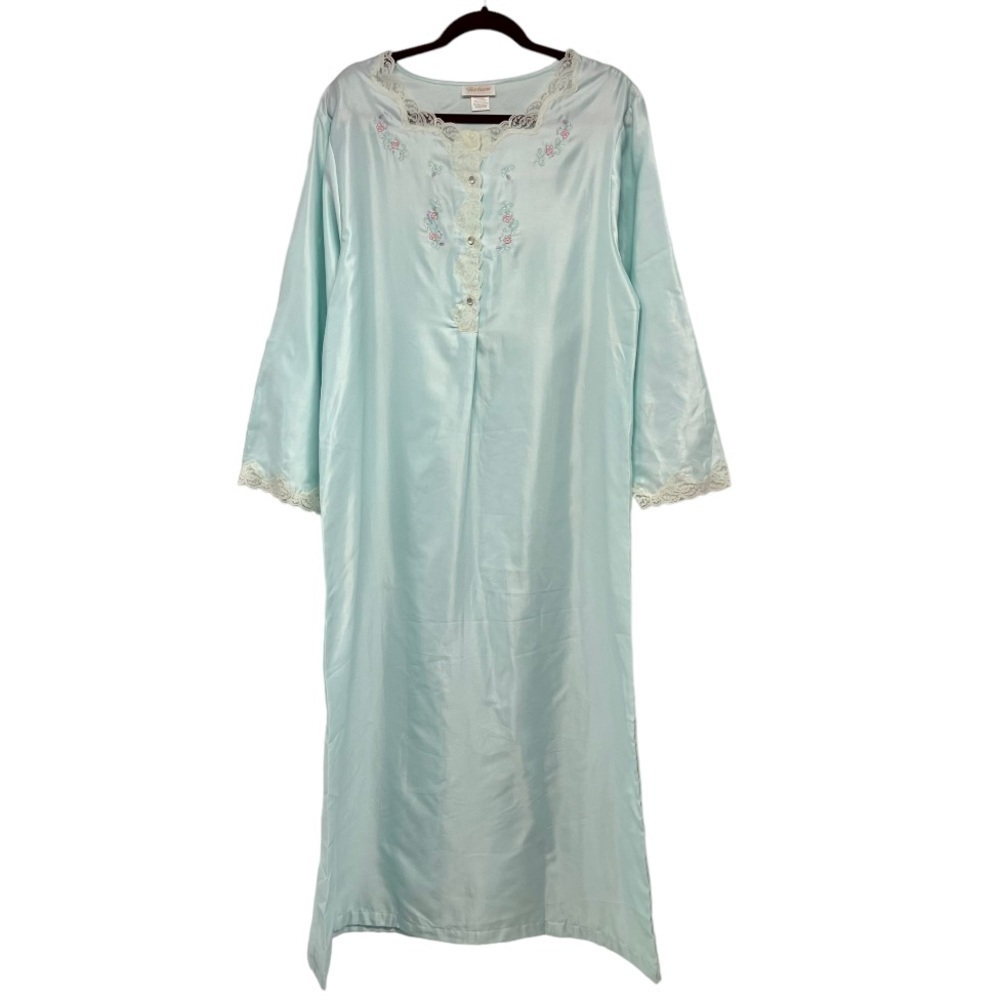 Vintage Barbizon Aqua Blue Embroidered Long Sleeve Modest Full Length Nightgown